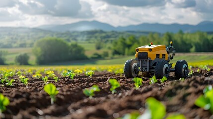 Yellow Toy Robot Grazing in a Green Field, To convey the concept of agricultural automation in a fun and engaging way, appealing to those interested - obrazy, fototapety, plakaty