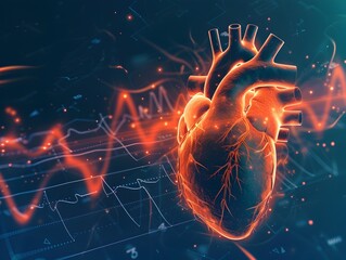 Hyperrealistic Heart Illustration with Lines and Charts, To be used as a visual representation of heart health and medical technology in the