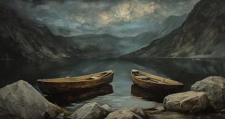 Foto op Canvas Two Boats on a Lake With Mountains. Generative AI © Uolir