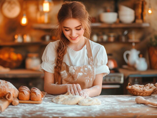 Caucasian beautiful young woman wearing an apron smiling, kneading yeast dough by hand to bake baked goods on the table in the kitchen
