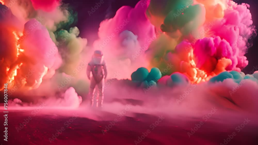 Poster astronaut in space suit standing in front of colorful smoke generative ai