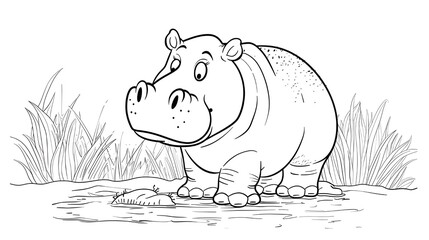 coloring pages or books for kids. cute hippo cartoon illustration. cute hippo animal cartoon vector illustration graphic design in black and white.