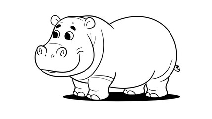 cute hippo animal cartoon vector illustration graphic design in black and white. Hippopotamus line art for coloring book page.