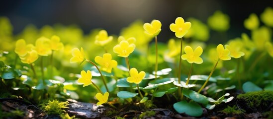 A patch of small yellow flowers, herbaceous plants blooming in the grass, adding a splash of color to the natural landscape