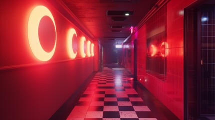 A hallway with red lights and checkered flooring in a building, AI