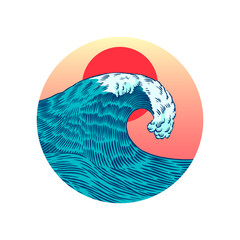 A Wave In The Ocean With A Red Sun In The Background - 756007862