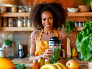 Young African american smiling girl making green smoothie in kitchen