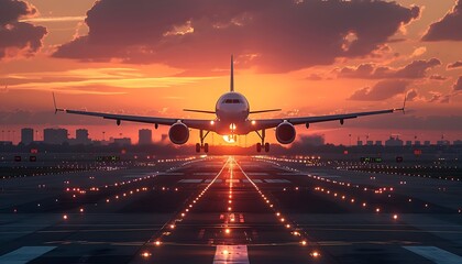 A large jet plane takes off or lands from an airport runway at sunset - obrazy, fototapety, plakaty