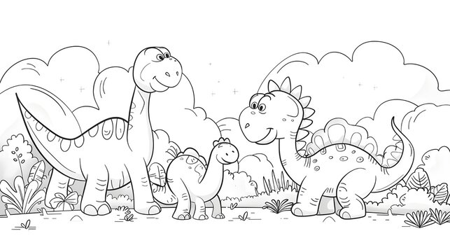 Dinosaurs cute animal vector and coloring page image. Dinosaurs coloring book line art design vector illustration.