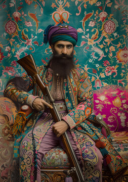 Man Holding Gun in Qaj Style Painting. Generative AI