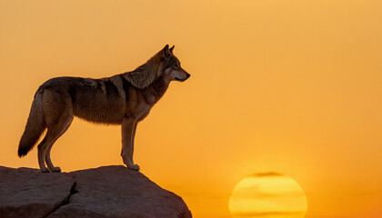 The majesty of a lone wolf standing atop a rocky outcrop, silhouetted against the golden hues of a setting sun. The wolf's piercing gaze conveys a sense of strength and resilience