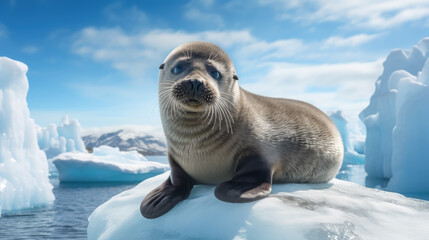 fur seal on an ice floe, sunny day, marine mammal, antarctica, arctic, north, animal, brown, cute, eyes, baby, sea lion, snow, wildlife, landscape, iceberg - obrazy, fototapety, plakaty