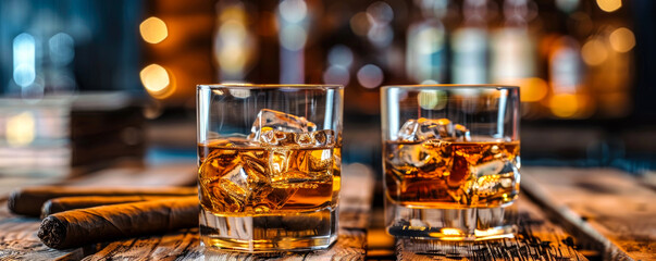 a glass of strong whiskey with ice and cigars stand on a wooden bar counter against the background of the bar - obrazy, fototapety, plakaty