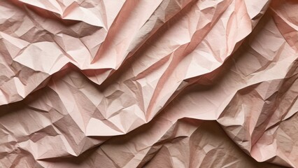 Crumpled paper texture serves as a canvas for a mixture of pastel pink and sepia brown aquarelle watercolors, creating a gentle interplay of hues, with light reflecting off the uneven surface