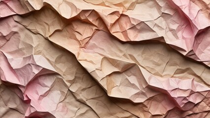 Crumpled paper texture serves as a canvas for a mixture of pastel pink and sepia brown aquarelle watercolors, creating a gentle interplay of hues, with light reflecting off the uneven surface