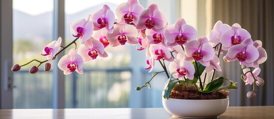 A pink orchid flowerpot sits on the table by the window, showcasing its vibrant petals and delicate twigs as a houseplant