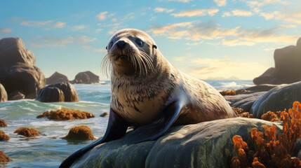 fur seal on an ice floe, sunny day, marine mammal, antarctica, arctic, north, animal, brown, cute, eyes, baby, sea lion, snow, wildlife, landscape, iceberg