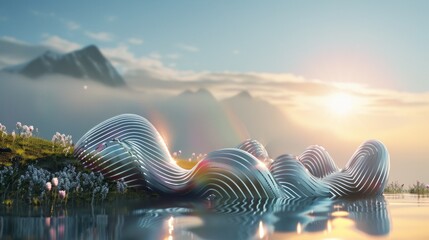 A sculpture of a large wave sitting in the water near mountains, AI