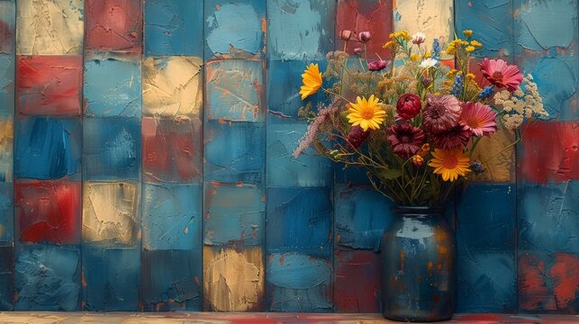A vase of a blue and yellow painted wall with flowers in it, AI