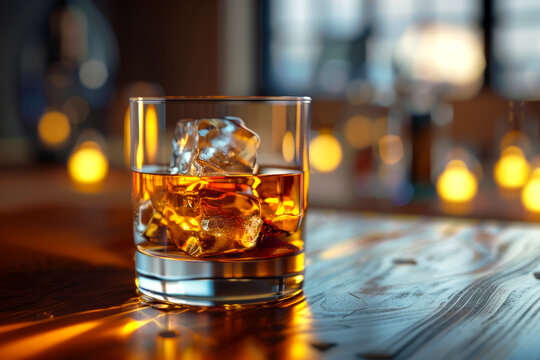 a glass of whiskey with ice stands on a wooden table in a home office