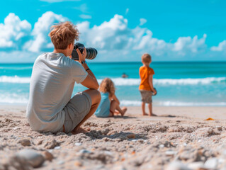 Male young father photographer takes pictures of children playing on the seashore, view from the back