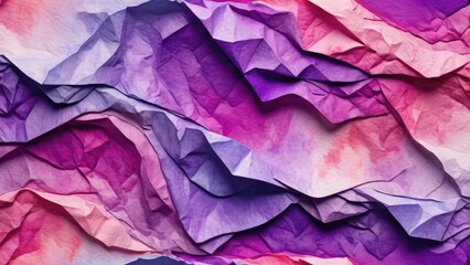 Crumpled paper texture with strokes of aquarelle watercolors in shades of pink and purple, close-up on the intricate folds and creases, watercolor illustration, accentuating the depth
