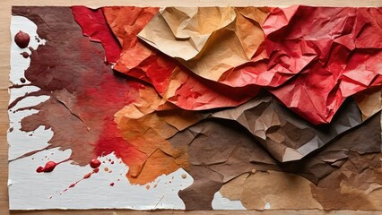 Crumpled paper with red and brown aquarelle watercolor paint strokes, visibly textured creases, shadows accentuating depth, chaotic pattern of colors blending, backdrop of an artist's studio