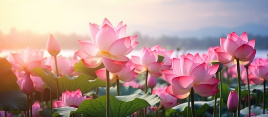 A field of pink lotus flowers under the sun, with petals glowing in shades of magenta. The natural landscape is complemented by a clear blue sky and fluffy clouds