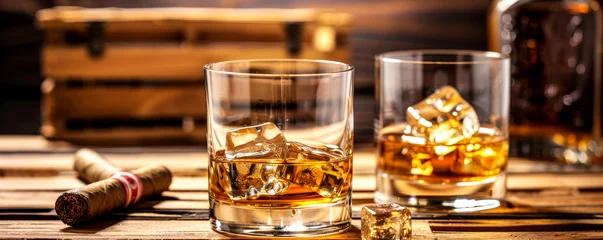 Foto op Plexiglas a glass of strong whiskey with ice and cigars stand on a wooden bar counter against the background of the bar © MK studio