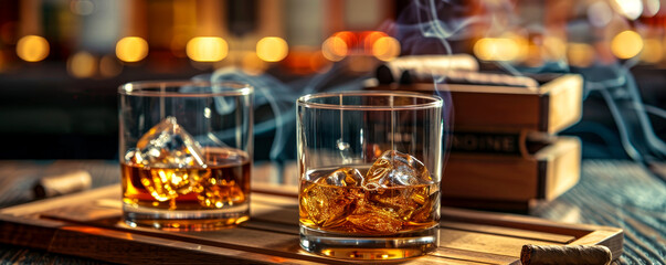 Fototapeta na wymiar a glass of strong whiskey with ice and cigars stand on a wooden bar counter against the background of the bar