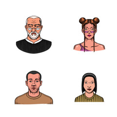 Human Avatars Collection. Faces of people. Characters set. Happy emotions. Portrait for social media, website. Men and women, grandparents and girls. Hand drawn doodle sketch. - 756008874