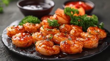 A plate of shrimp with sauce and garnish on a black table, AI