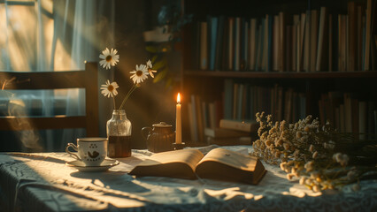 Sunlit Serenity: A Cozy Corner with Coffee and Candlelight