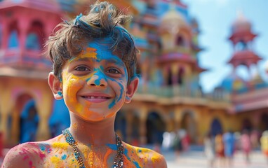 bambino sorridente sporco di polveri colorate tipiche delle feste indiane