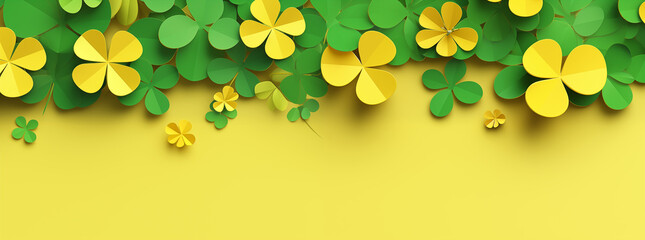 St. Patrick's Day, Papierkunst Kleeblatt, Glücksbringer, Grün und Gelb mit Textfreiraum