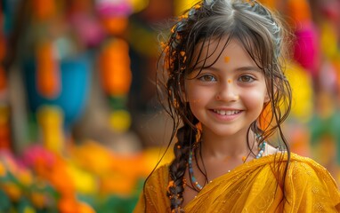 bambina sorridente vestita con tipici abiti indiani