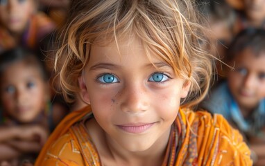 bambina caucasica dagli occhi azzurri con vesti tipiche indiane