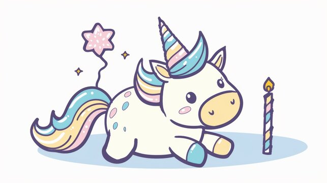 A cute cartoon unicorn with a star on its head and next to it is a birthday candle, AI