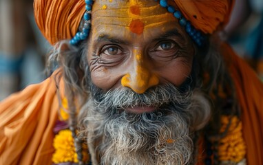 uomo anziano indiano sorridente truccato con i colori rituali