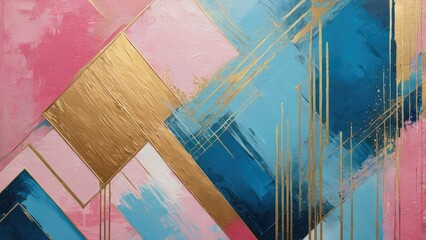 Nostalgic painting featuring golden brushstrokes in a retro style, oil on canvas, modern art interpretation with geometric patterns in shades of pink and blue, suitable for a variety of formats - obrazy, fototapety, plakaty
