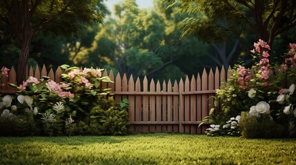 Fototapeta premium Beautiful Picket Fence with Green Grass and Blooming Hydrangeas
