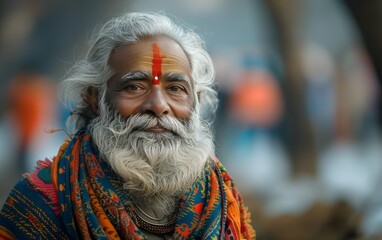 sorridente uomo anziano indiano dalla lunga barba bianca