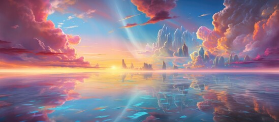 A beautiful natural landscape painting showcasing a sunset over a lake with majestic mountains in the background, under a sky filled with colorful cumulus clouds