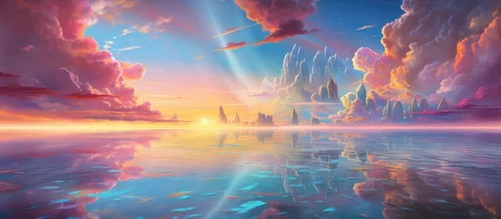 Plexiglas keuken achterwand Paars A beautiful natural landscape painting showcasing a sunset over a lake with majestic mountains in the background, under a sky filled with colorful cumulus clouds