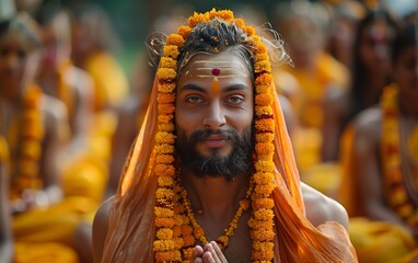 affascinante uomo indiano sorridente vestito e truccato con i tipici colori rituali