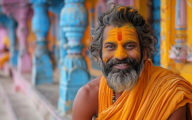 uomo indiano sorridente truccato con i tipici colori rituali