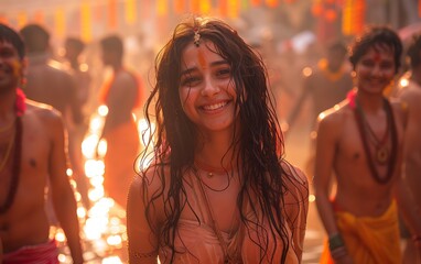 ragazza indiana sorridente durante festeggiamenti rituali
