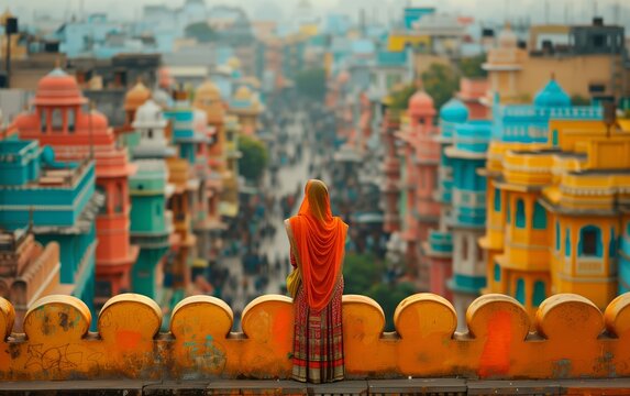 donna indiana con velo arancione affacciata sulla città