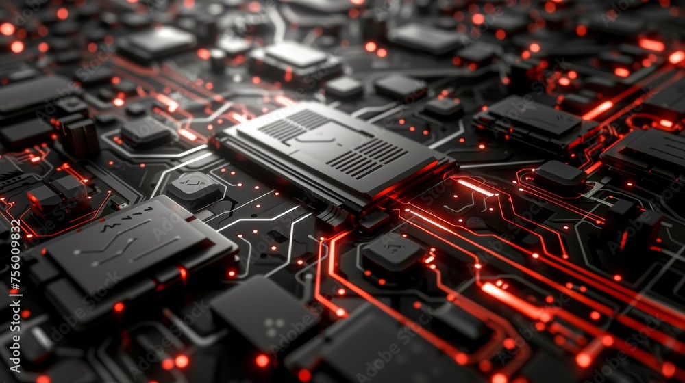 Poster a computer chip is illuminated by red lights on a circuit board, ai