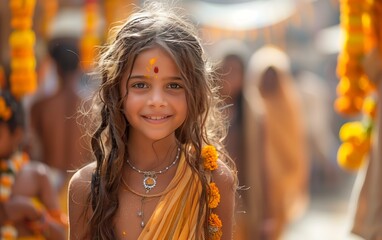 bambina sorridente, truccata e vestita secondo rituali indiani